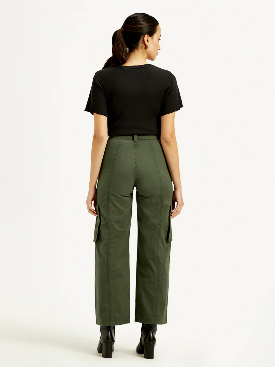 Women's High Rise Olive Wide Leg Cargo Trousers - Image 3