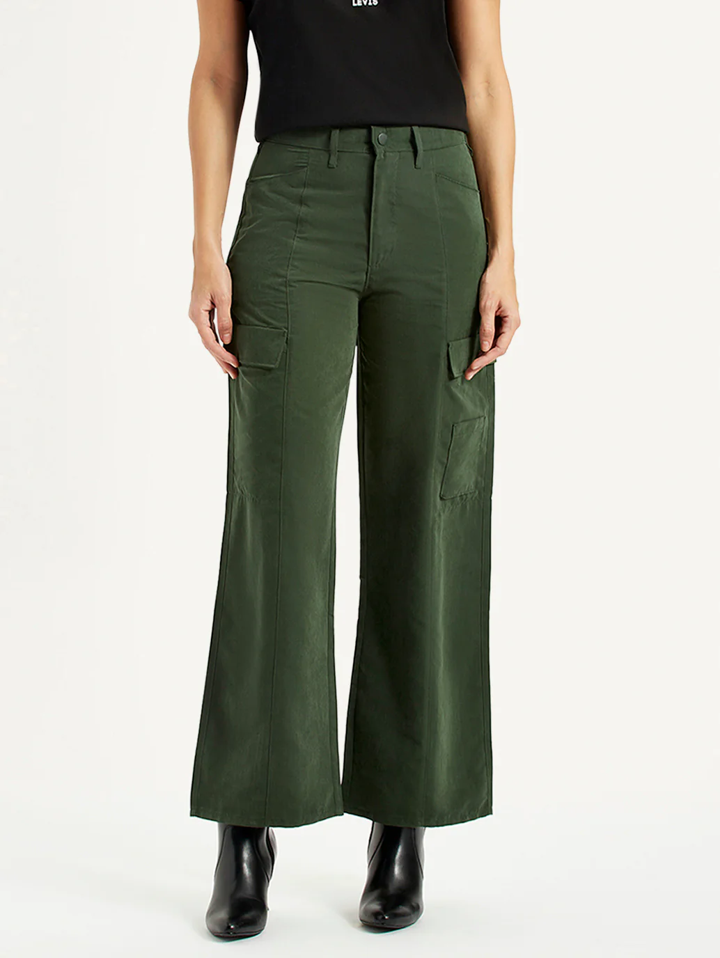 Women's High Rise Olive Green Wide Leg Fit Cargo Trouser - Image 2