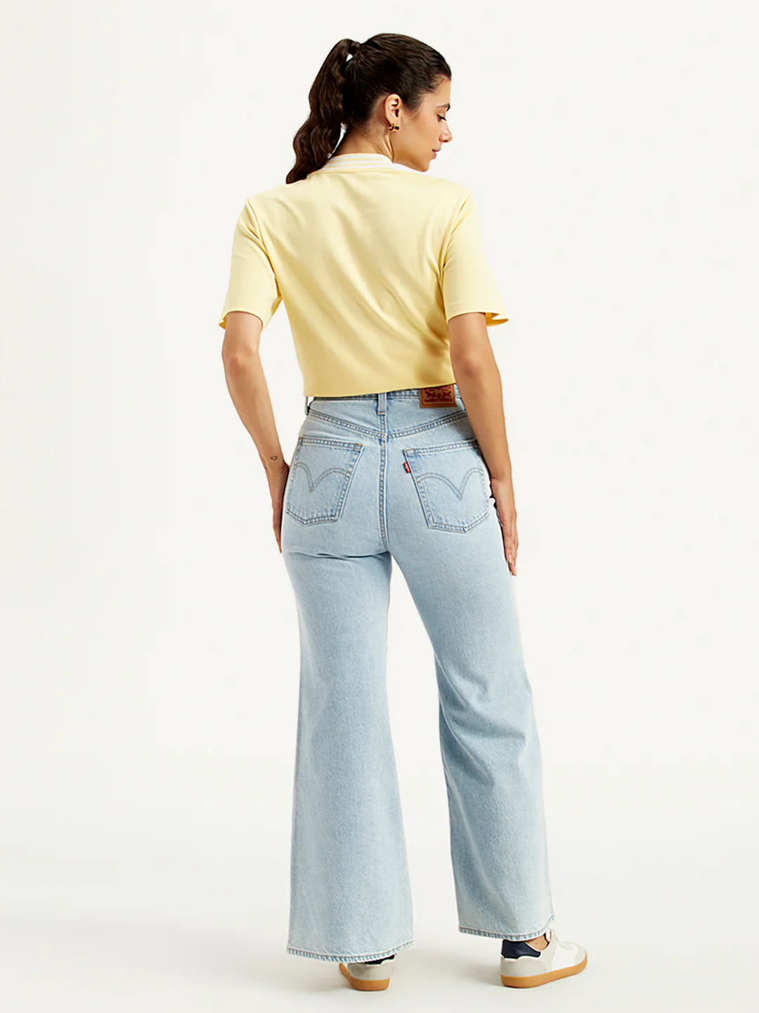 Women's Light Blue Ribcage Bell Bottom Wide Leg Fit High Rise Jeans - Image 3