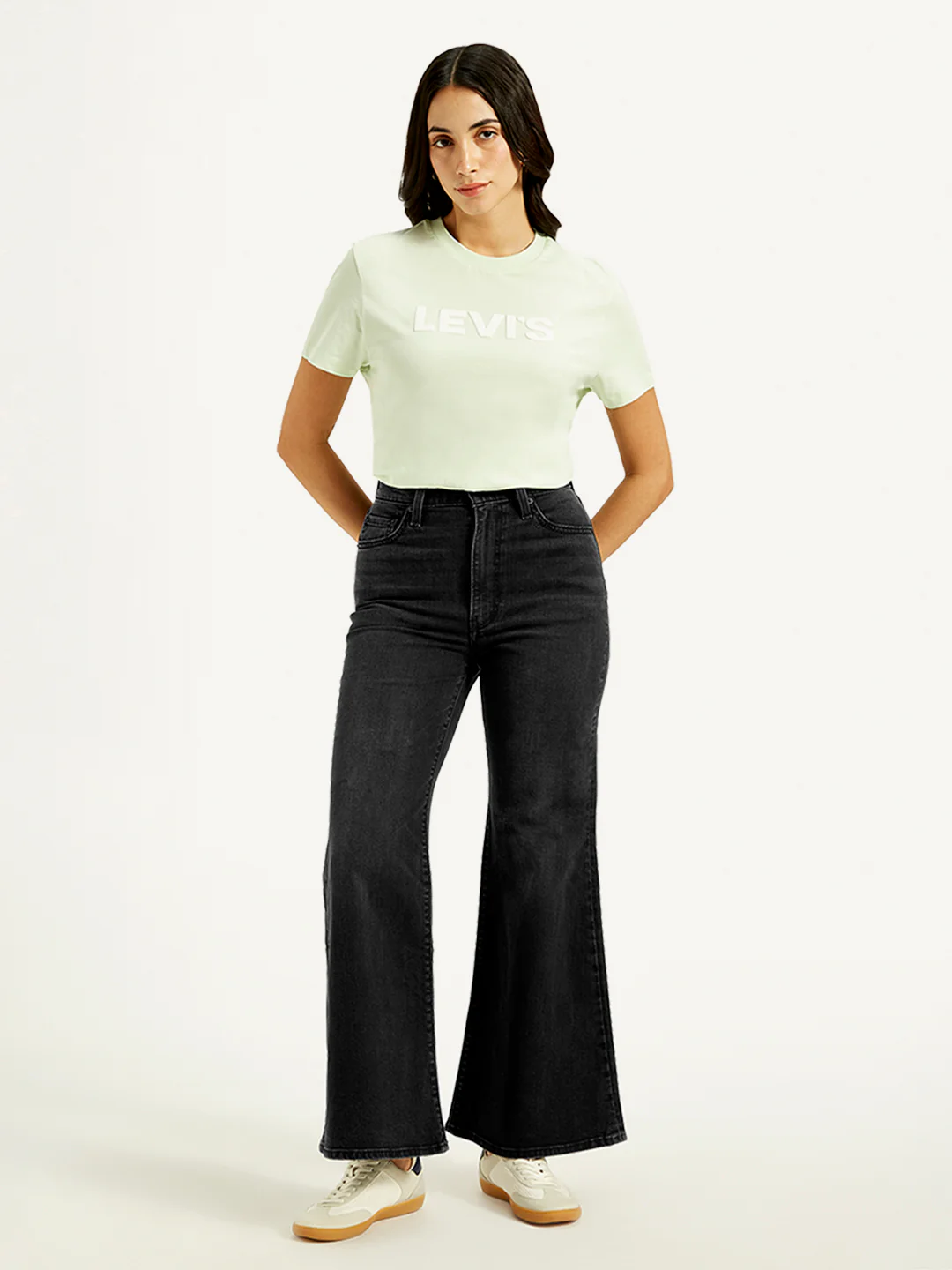 Women's Black Ribcage Bell Bottom Wide Leg Fit High Rise Jeans - Image 2