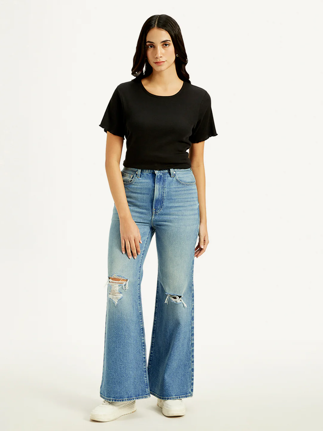 Women's Blue Ribcage Bell Bottom Wide Leg Fit High Rise Jeans - Image 2
