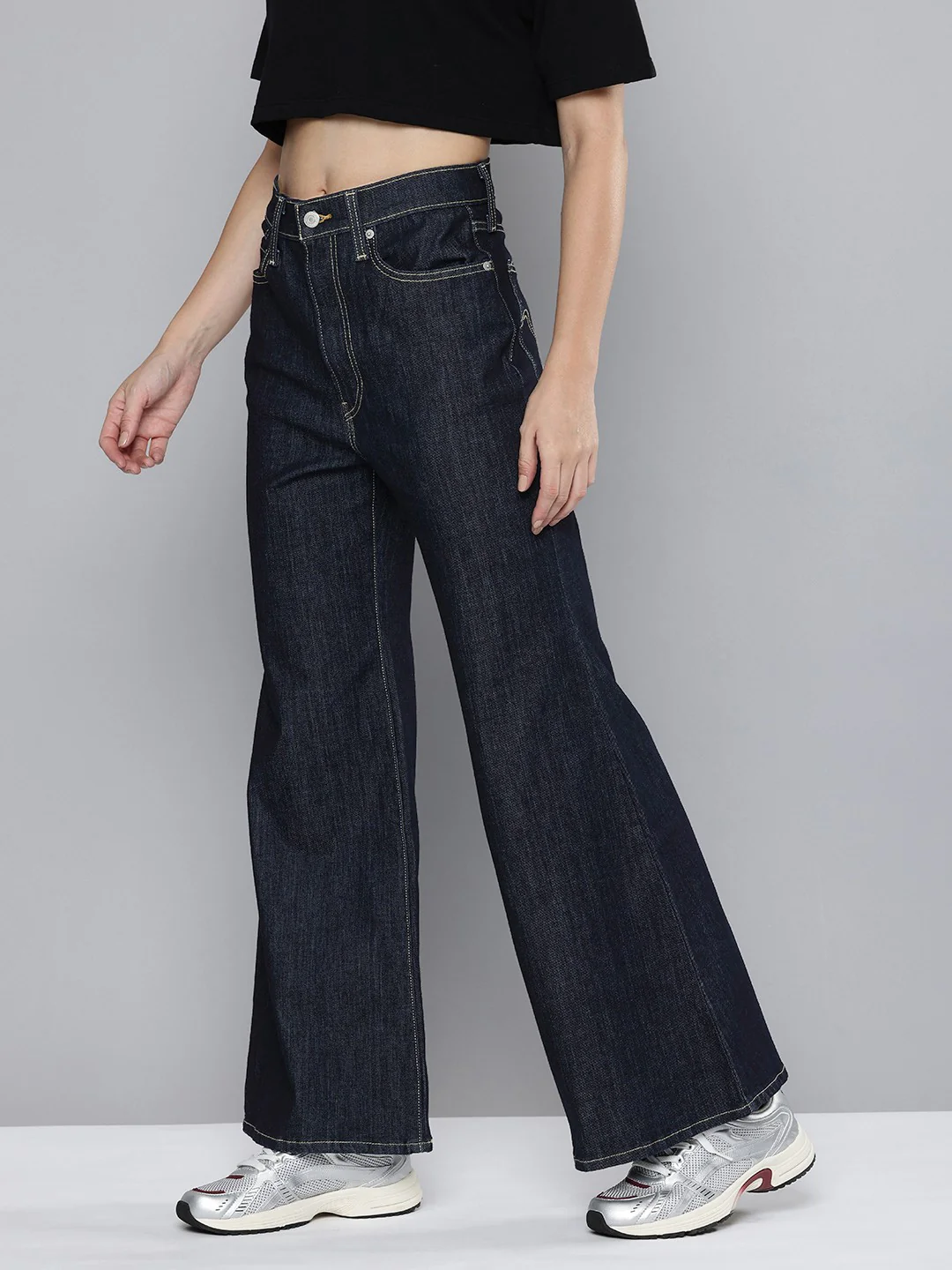 Women's Blue Ribcage Bell Bottom Wide Leg Fit High Rise Jeans - Image 2