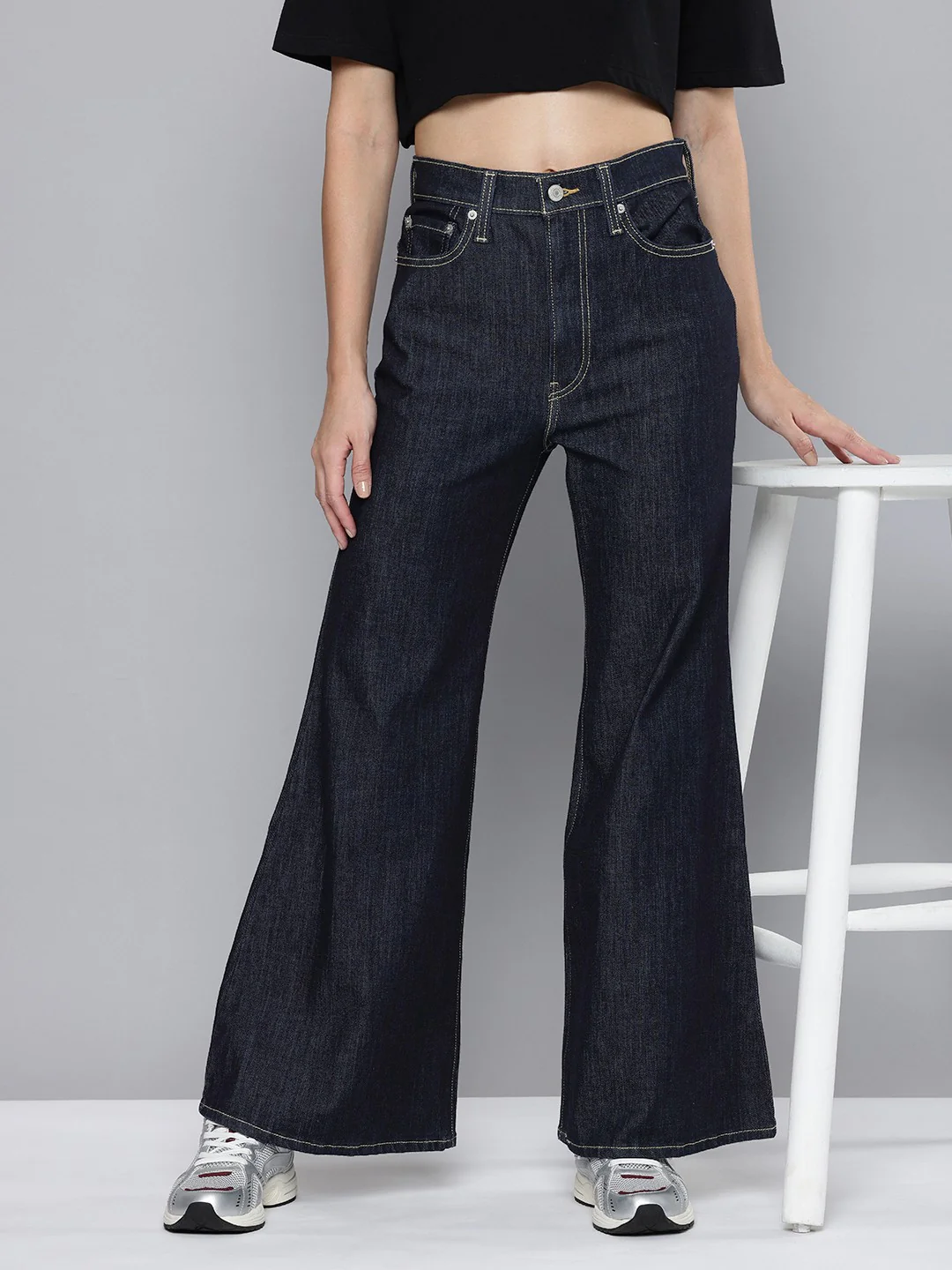 Women's Blue Ribcage Bell Bottom Wide Leg Fit High Rise Jeans - Image 3