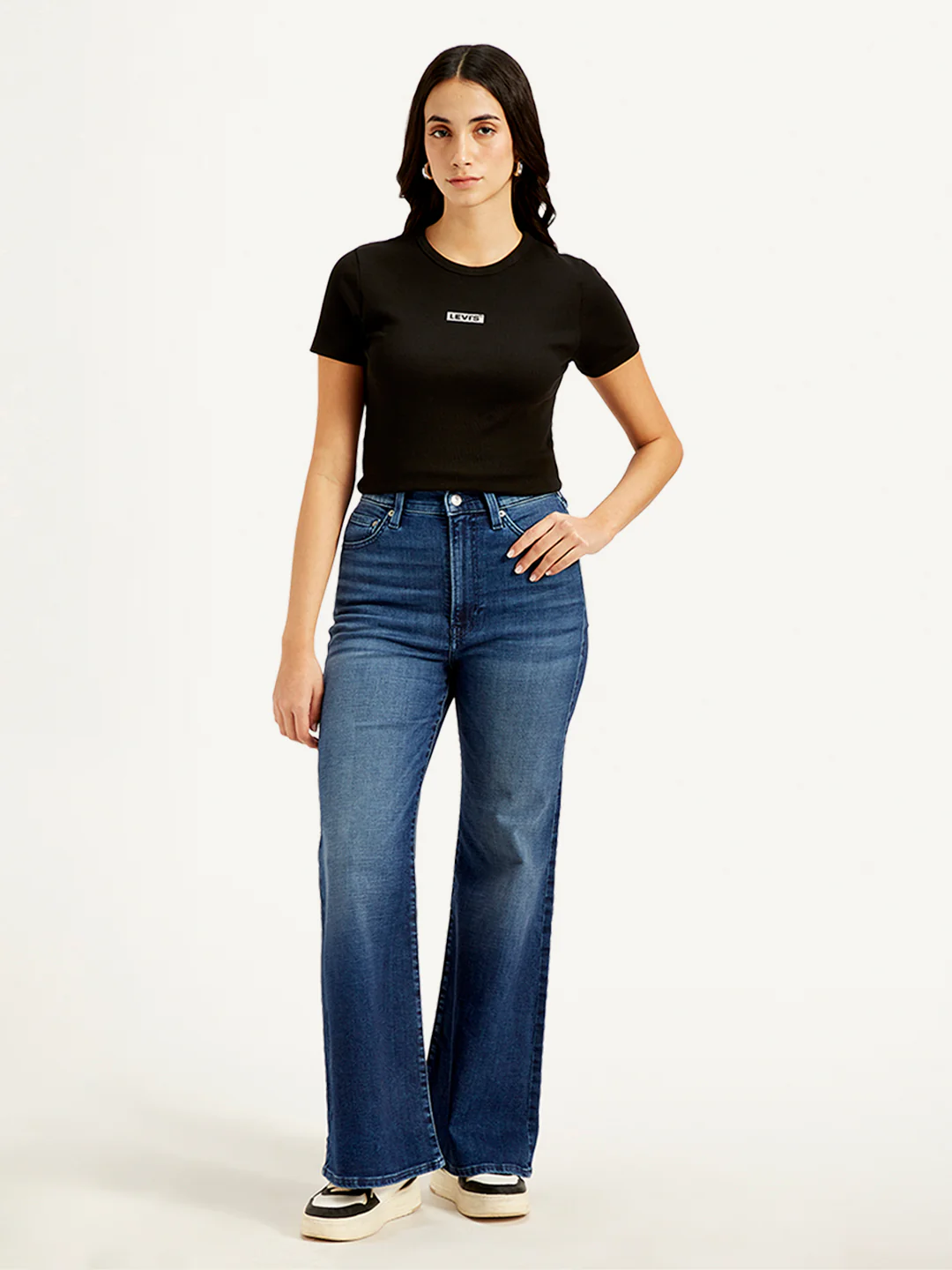 Women's Blue Ribcage Bell Bottom Wide Leg Fit High Rise Jeans - Image 2