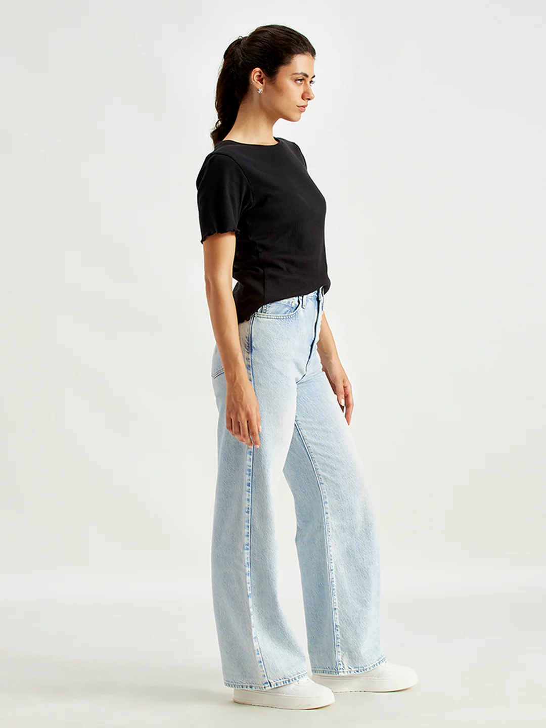 Women's Light Blue Ribcage Bell Bottom Wide Leg Fit High Rise Jeans - Image 3