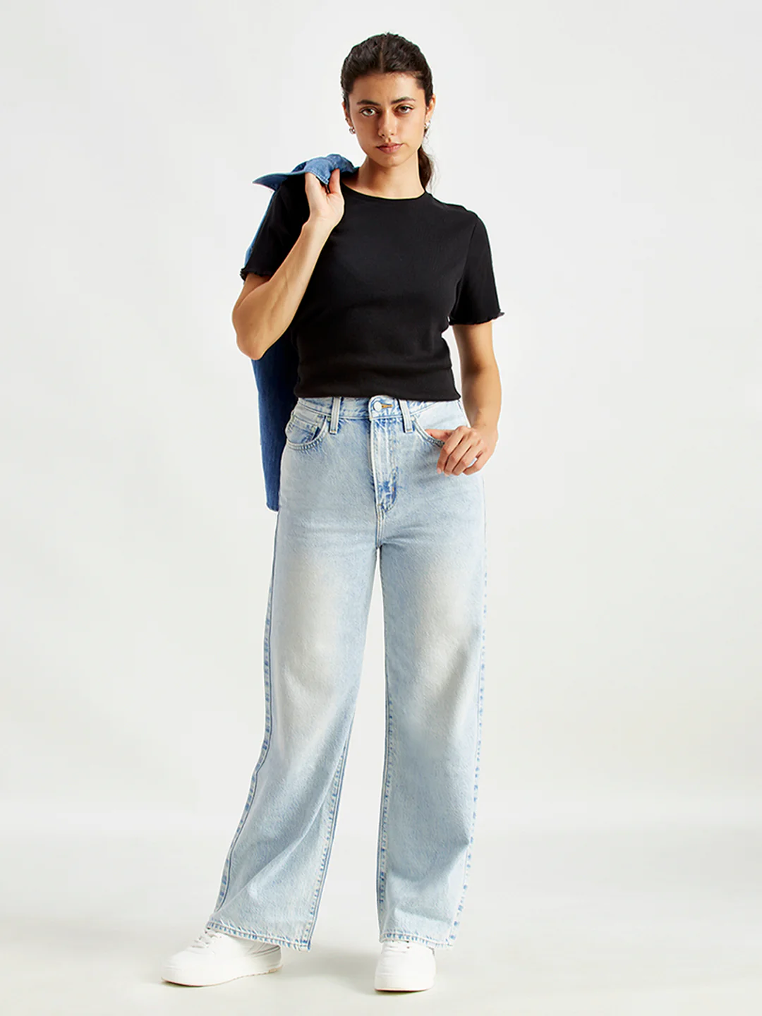 Women's Light Blue Ribcage Bell Bottom Wide Leg Fit High Rise Jeans - Image 5