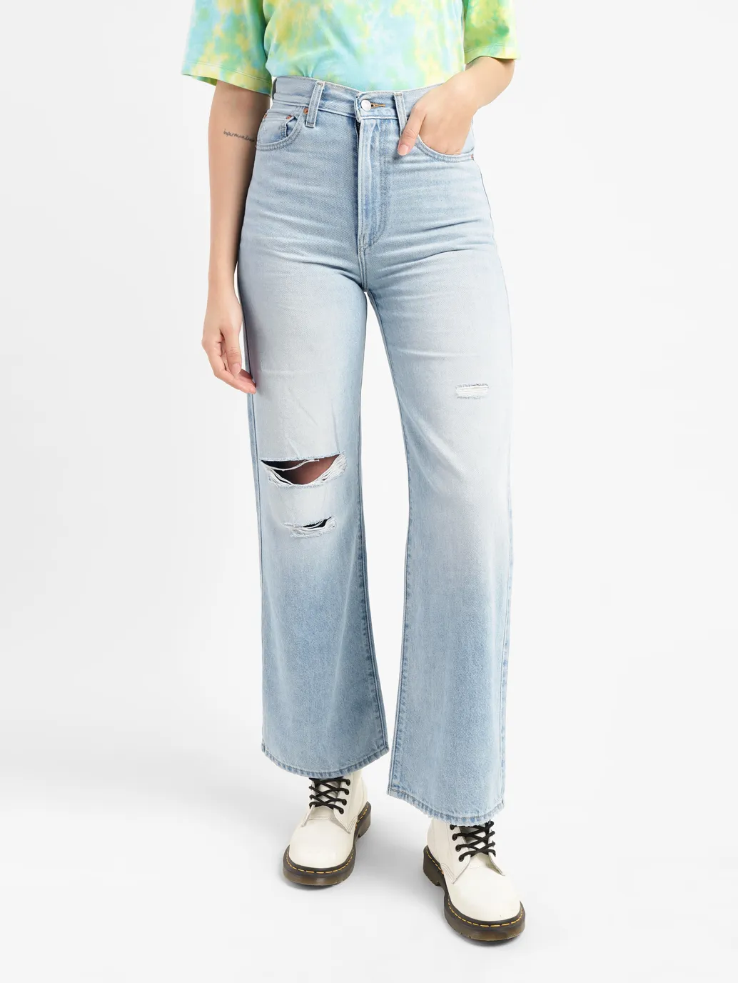 Women's Blue Ribcage Bell Bottom Wide Leg Fit High Rise Jeans - Image 2
