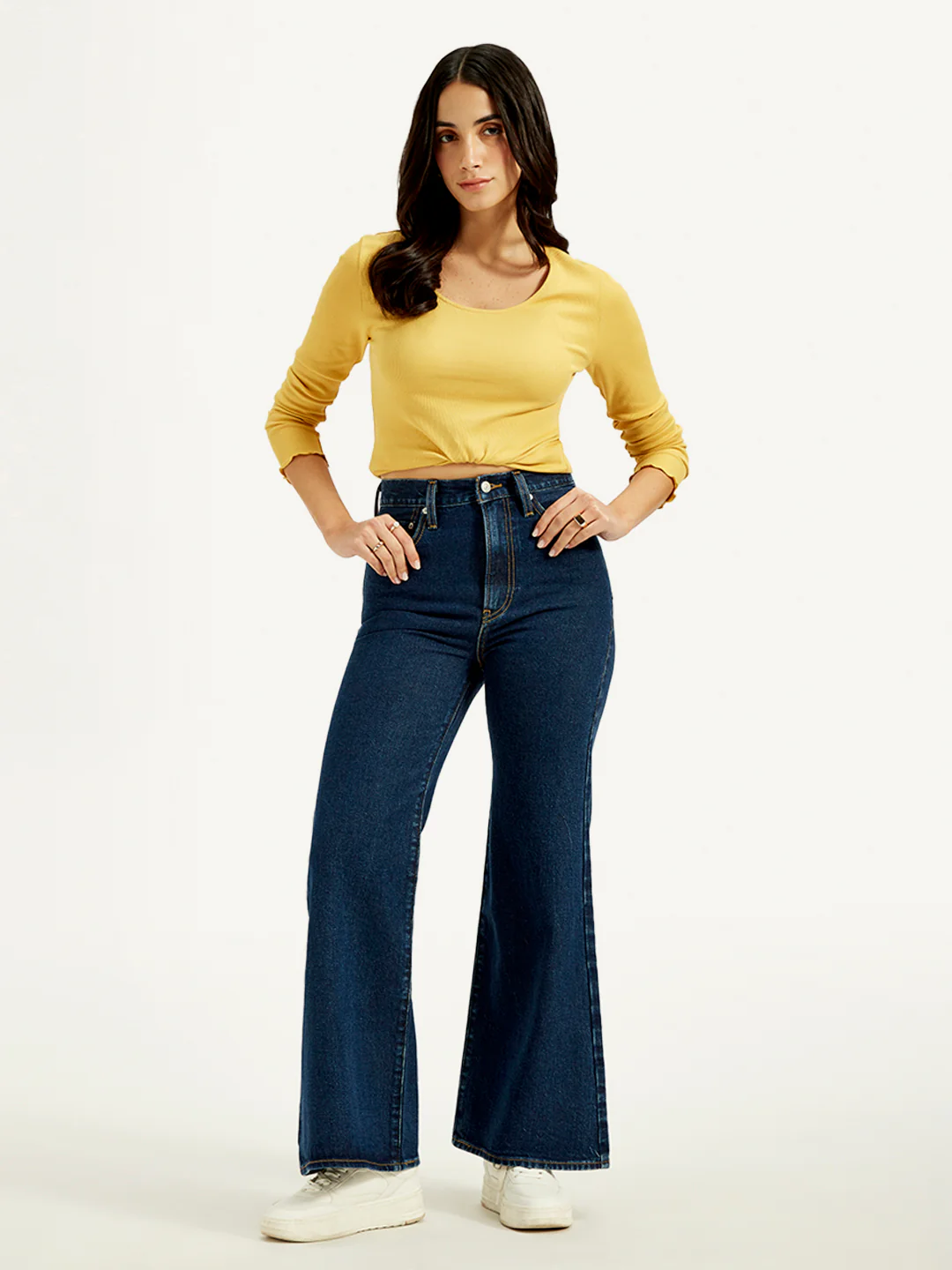 Women's Navy Blue Ribcage Bell Bottom Wide Leg Fit High Rise Jeans