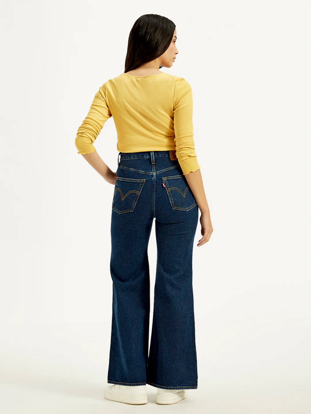 Women's Navy Blue Ribcage Bell Bottom Wide Leg Fit High Rise Jeans - Image 3