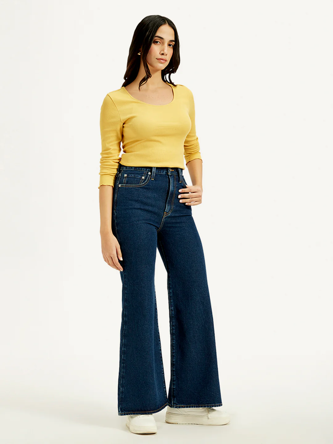 Women's Navy Blue Ribcage Bell Bottom Wide Leg Fit High Rise Jeans - Image 4