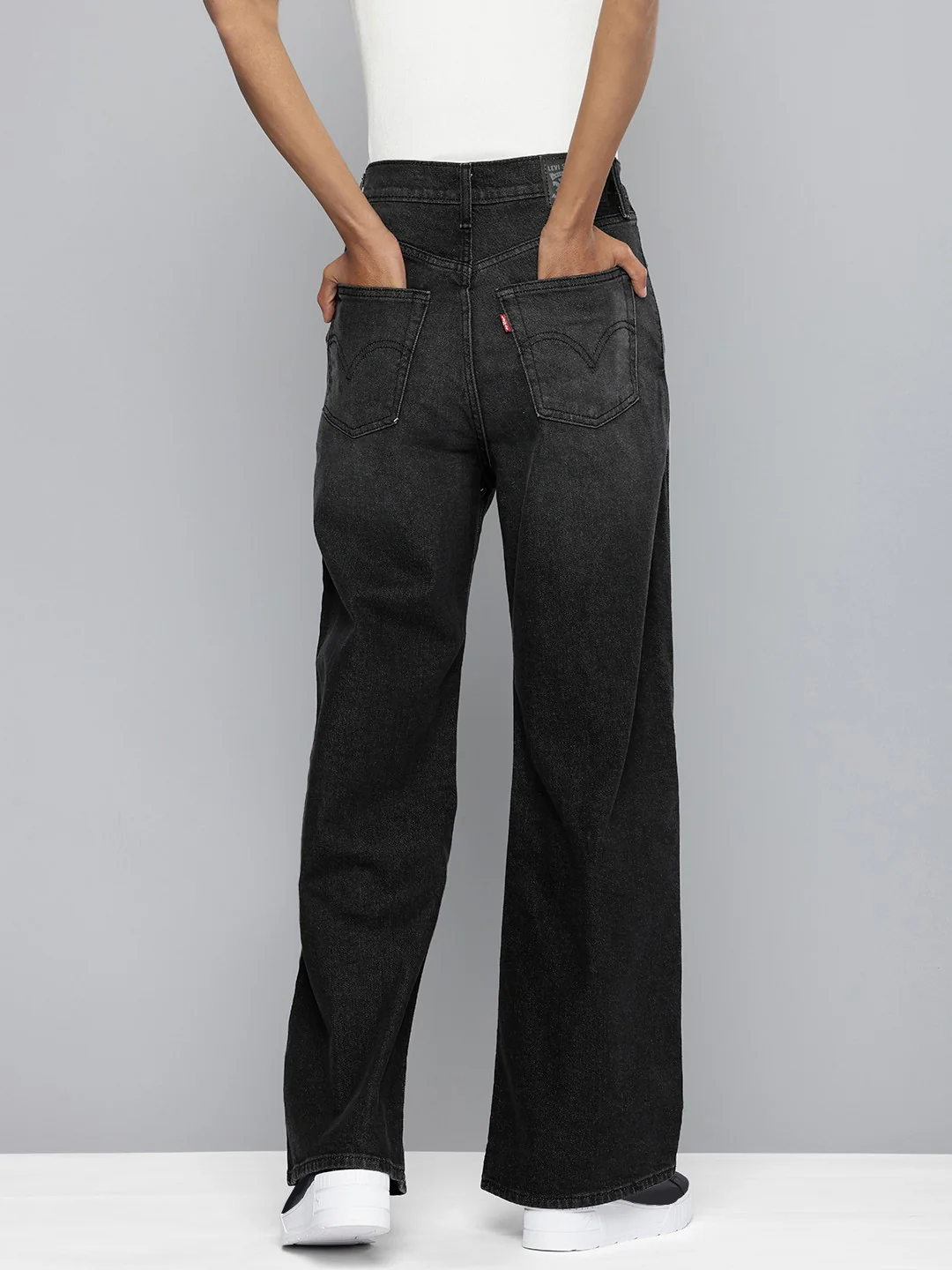 Women's Grey Ribcage Bell Bottom Wide Leg Fit High Rise Jeans - Image 2