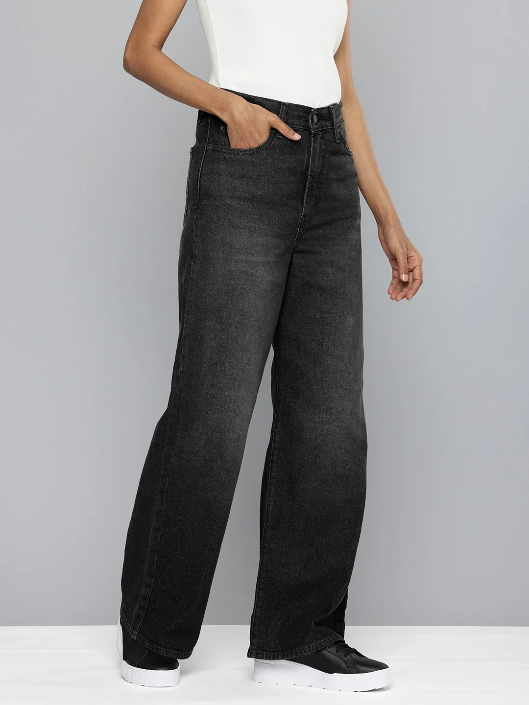 Women's Grey Ribcage Bell Bottom Wide Leg Fit High Rise Jeans - Image 3
