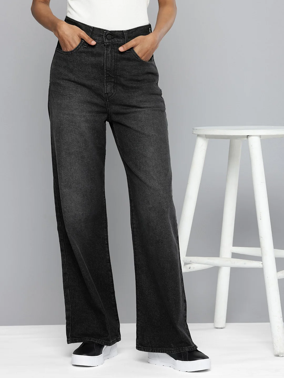 Women's Grey Ribcage Bell Bottom Wide Leg Fit High Rise Jeans - Image 4