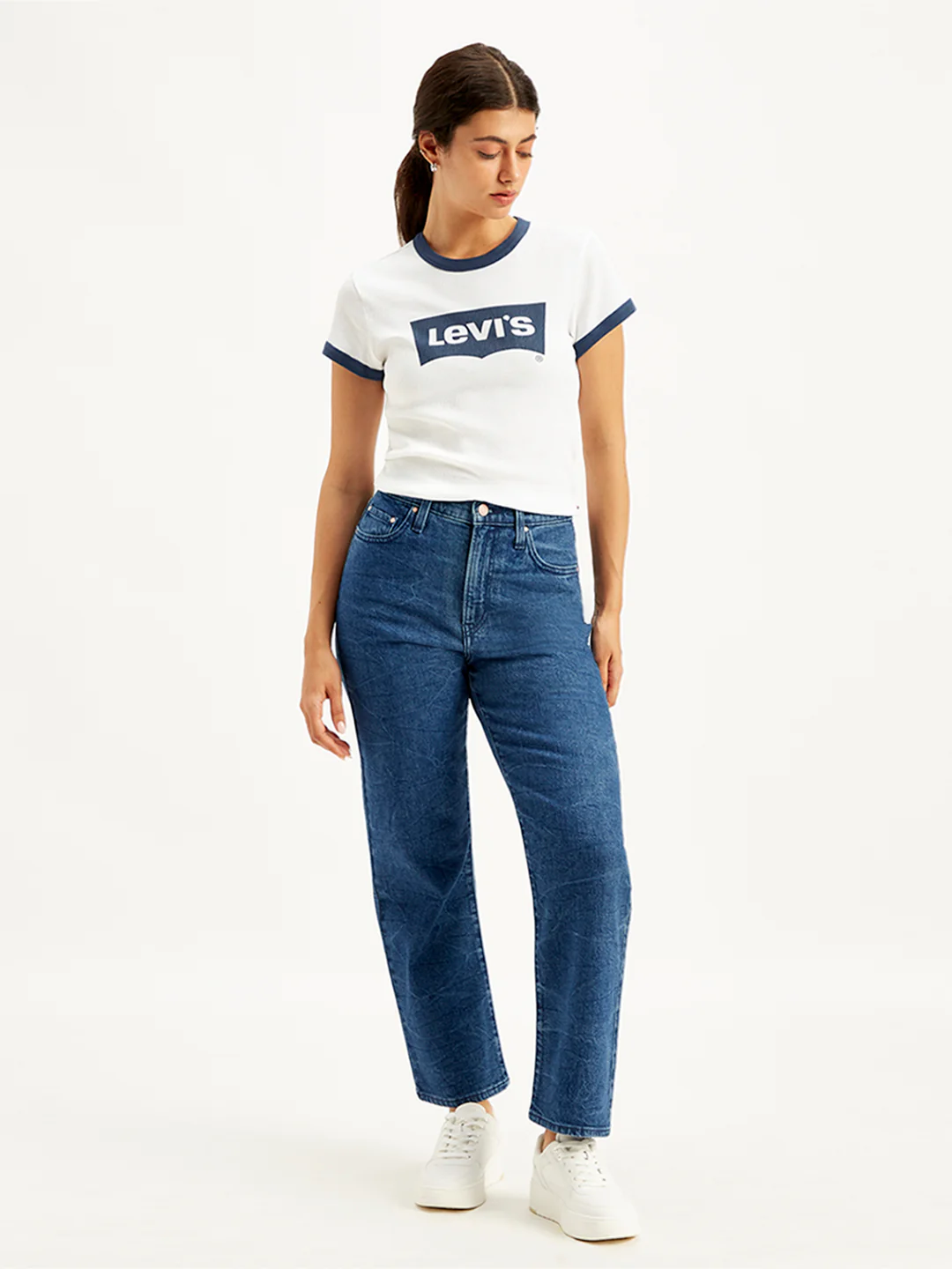 Women's Blue Ribcage Straight Ankle Fit High Rise Jeans