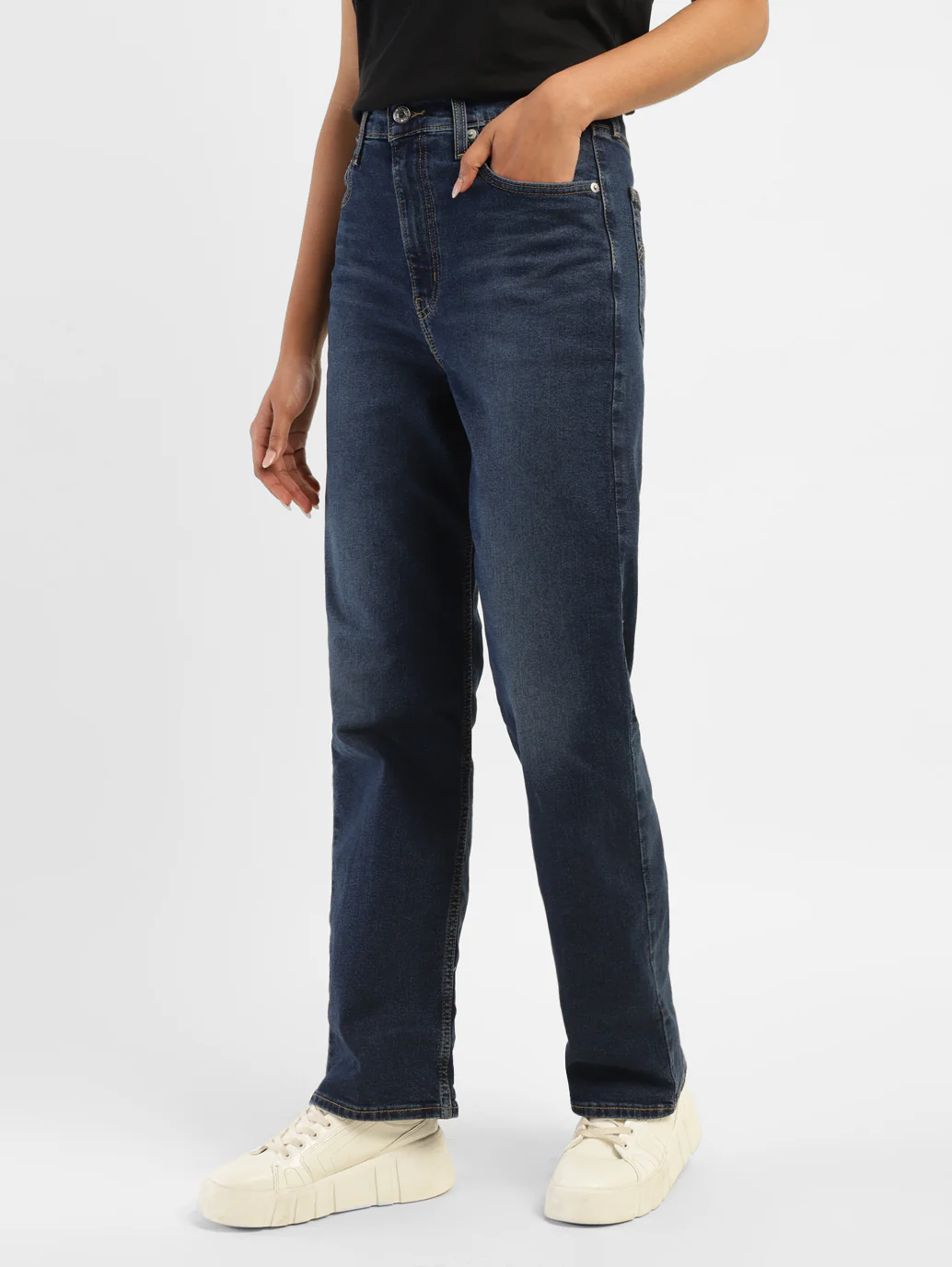 Women's Navy Blue Ribcage Straight Fit High Rise Jeans - Image 4