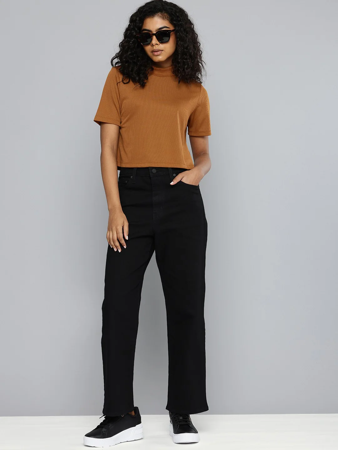 Women's Black Ribcage Straight Ankle Fit High Rise Jeans