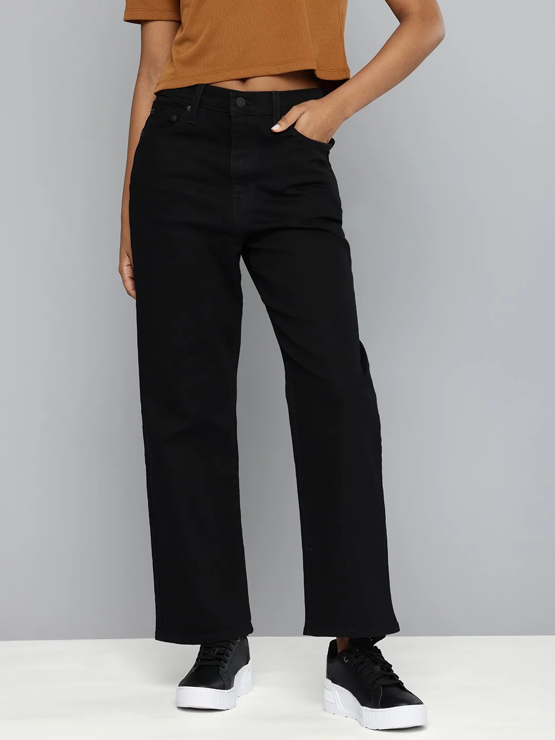 Women's Black Ribcage Straight Ankle Fit High Rise Jeans - Image 2