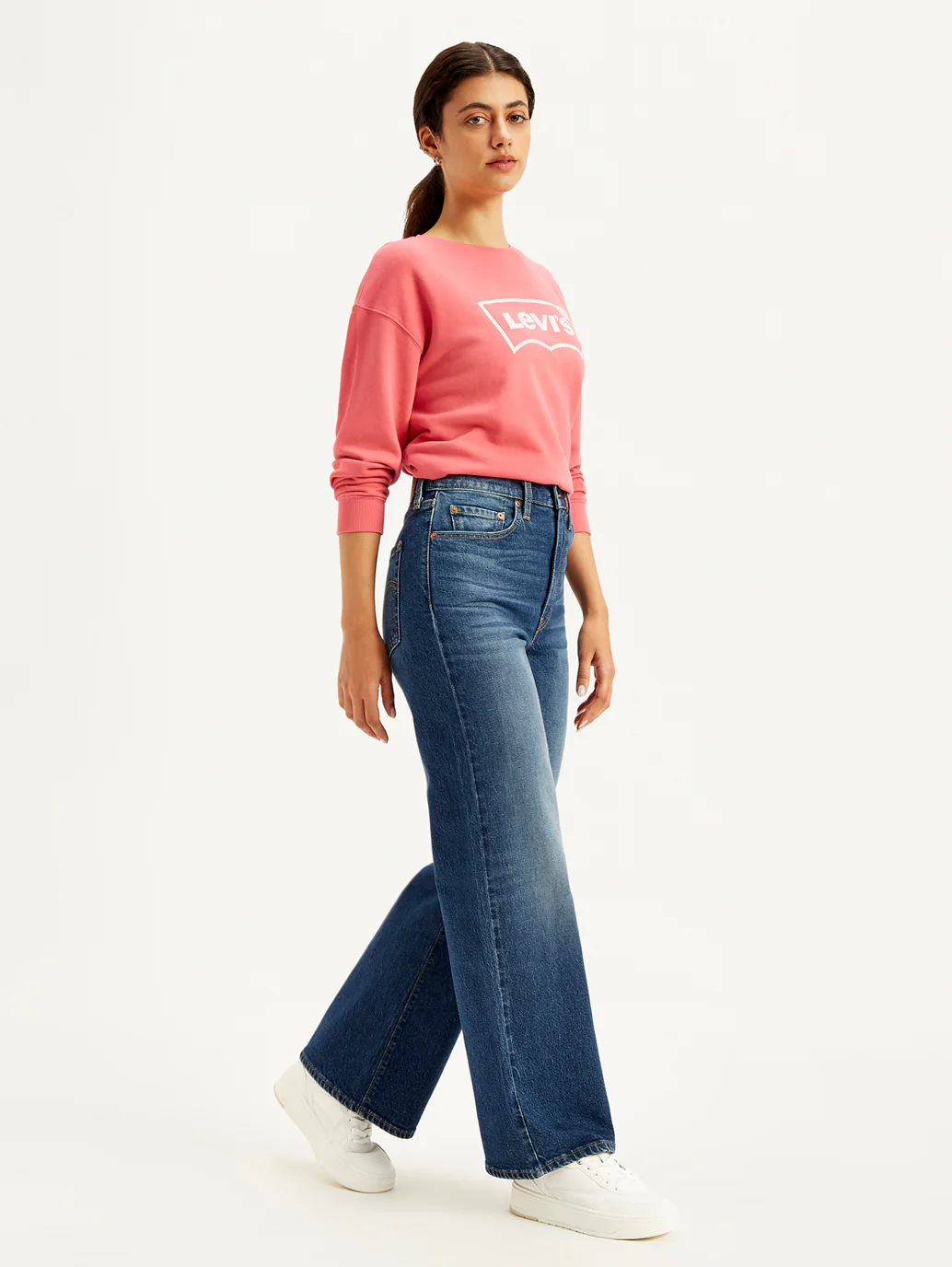 Women's Blue Ribcage Bell Bottom Wide Leg Fit High Rise Jeans - Image 4