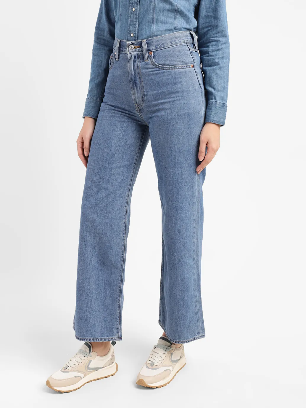 Women's Blue Ribcage Bell Bottom Wide Leg Fit High Rise Jeans - Image 4