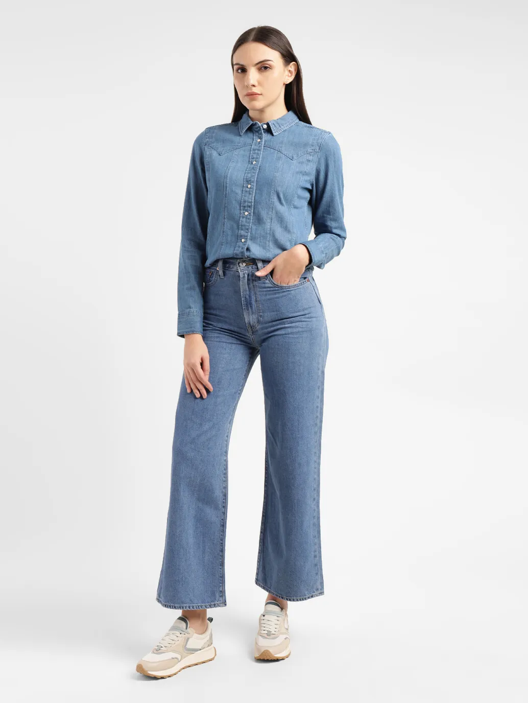Women's Blue Ribcage Bell Bottom Wide Leg Fit High Rise Jeans - Image 7