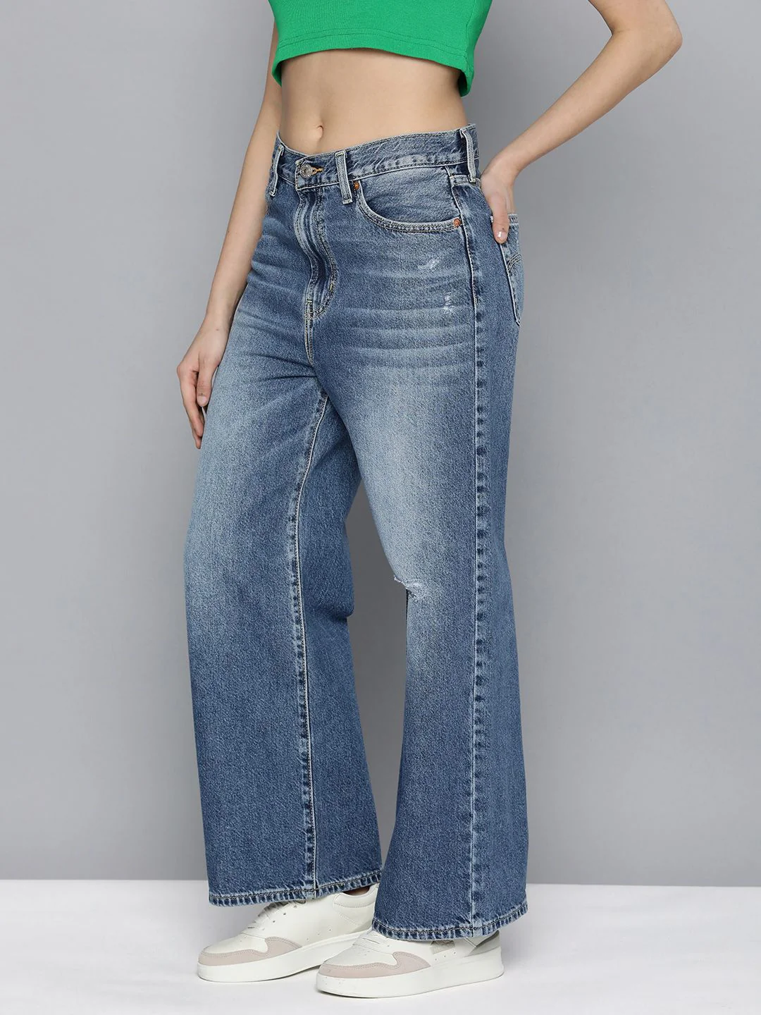 Women's Blue Ribcage Bell Bottom Wide Leg Fit Mid Rise Jeans - Image 2