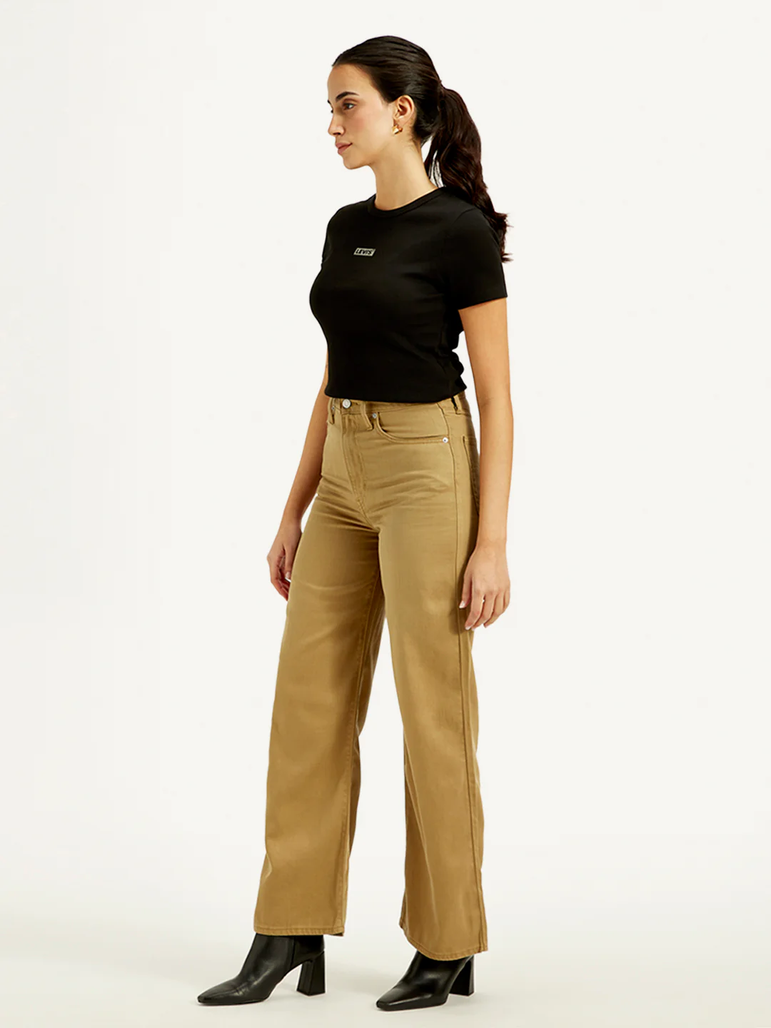 Women's Khaki Ribcage Bell Bottom Wide Leg Fit High Rise Jeans - Image 4