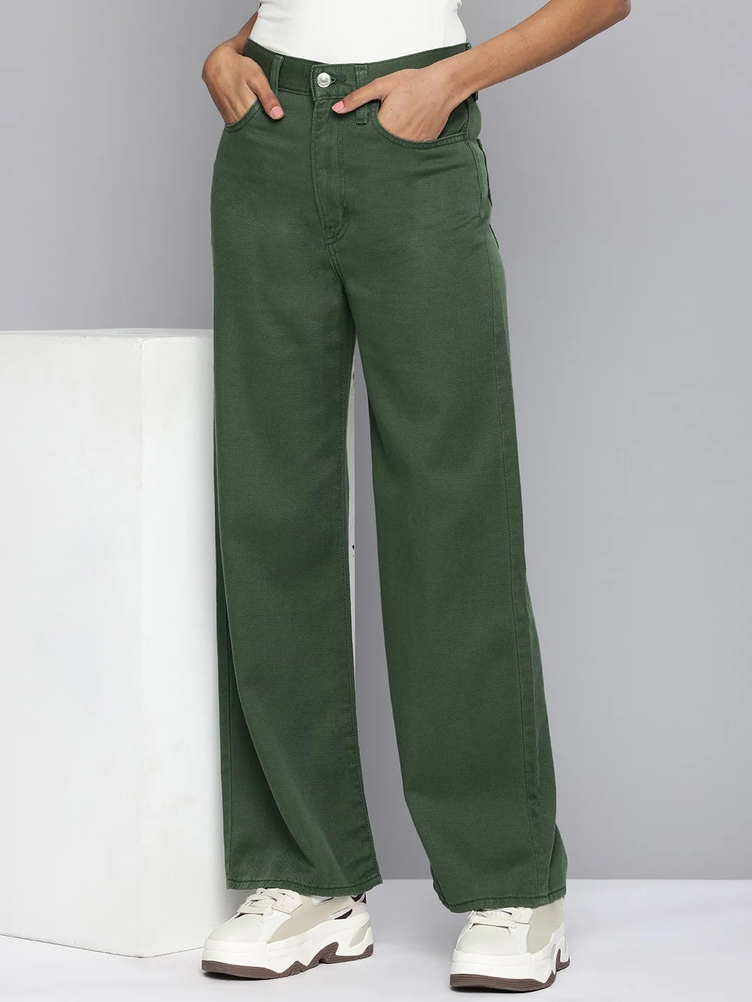 Women's Green Ribcage Bell Bottom Wide Leg Fit High Rise Jeans
