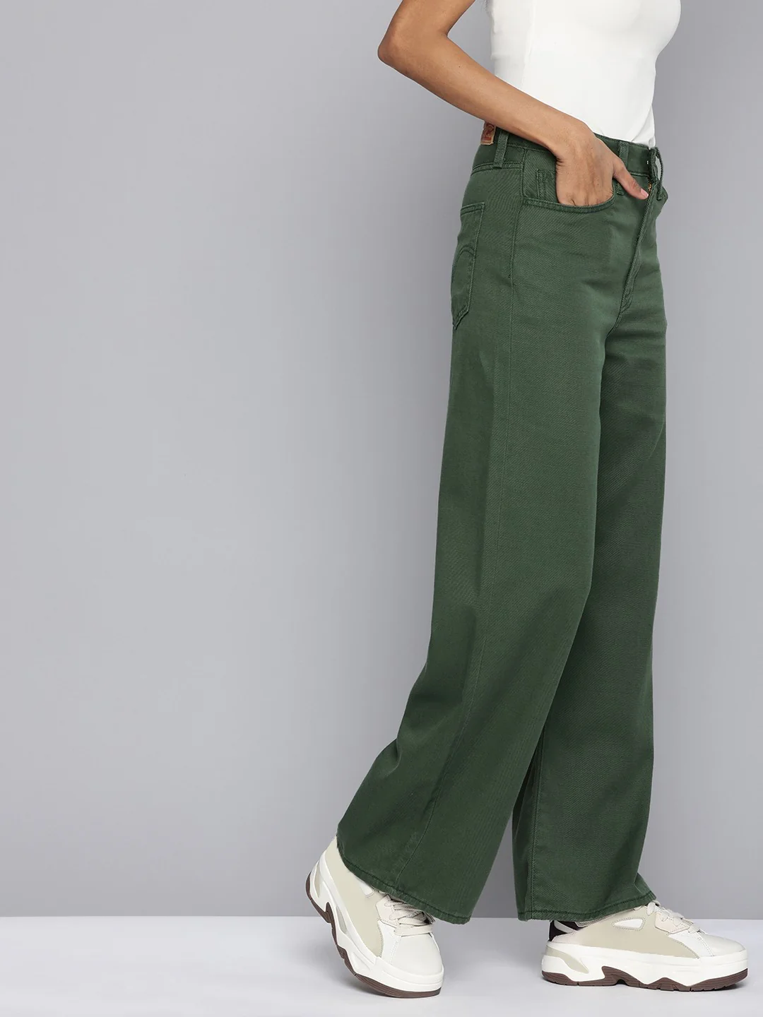Women's Green Ribcage Bell Bottom Wide Leg Fit High Rise Jeans - Image 2