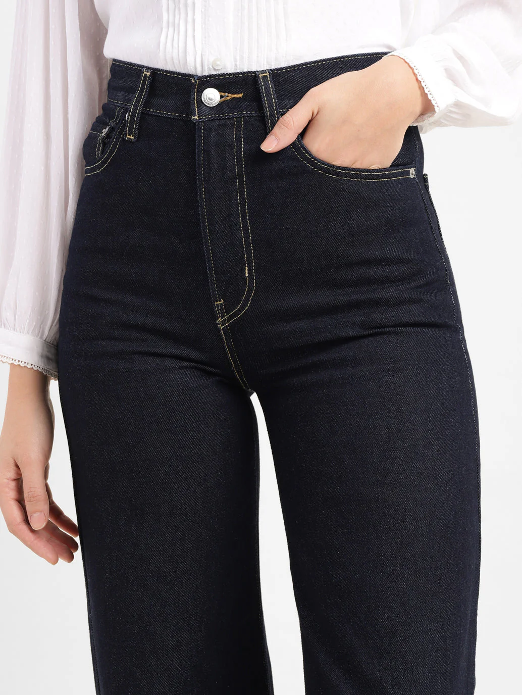 Women's Navy Blue Ribcage Bell Bottom Wide Leg Fit High Rise Jeans - Image 6