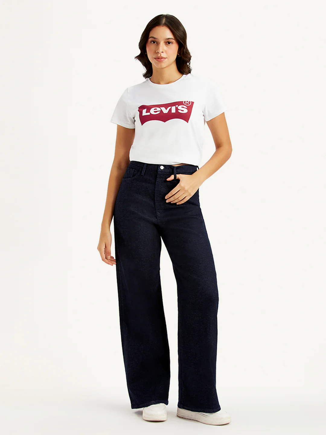 Women's Navy Blue Ribcage Bell Bottom Wide Leg Fit High Rise Jeans - Image 2