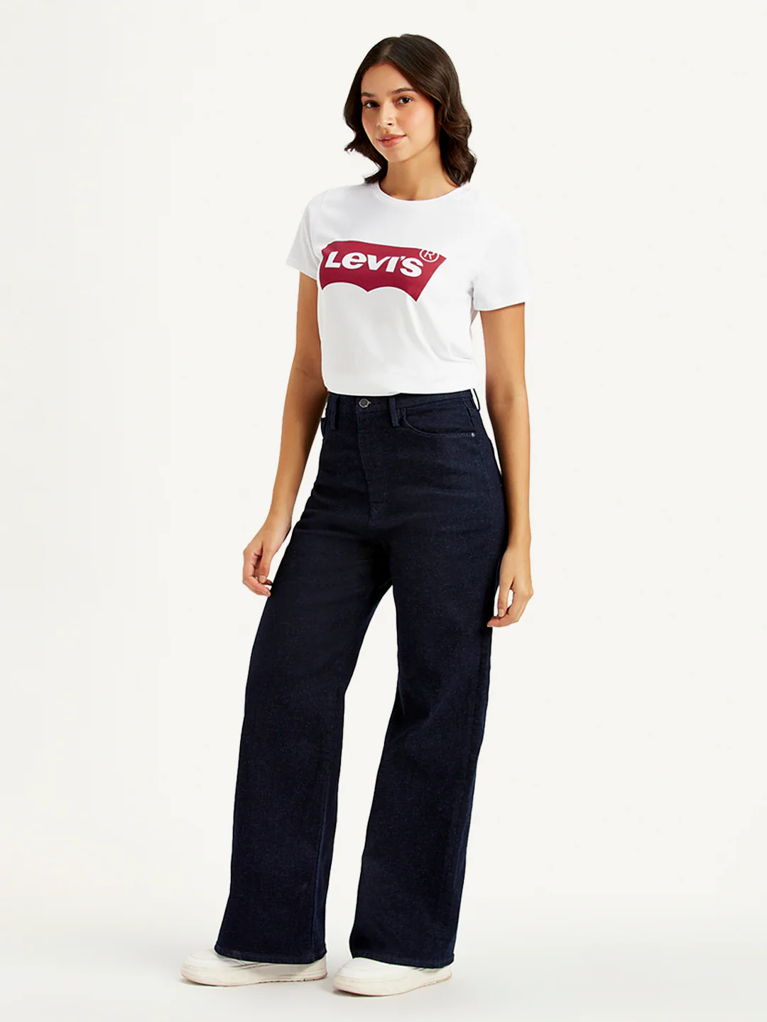 Women's Navy Blue Ribcage Bell Bottom Wide Leg Fit High Rise Jeans - Image 4