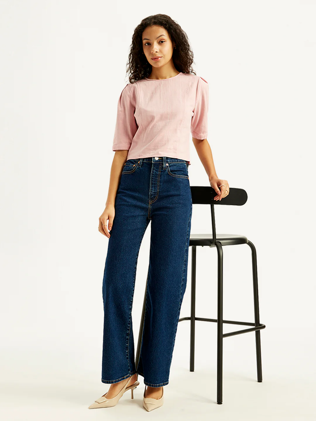 Women's Navy Blue Ribcage Bell Bottom Wide Leg Fit High Rise Jeans - Image 5