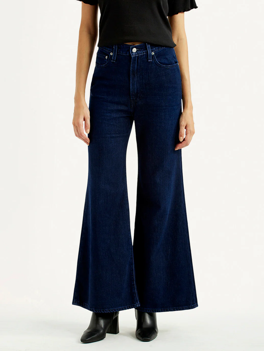 Women's Navy Ribcage Wide Leg Fit Bell Bottom High Rise Jeans - Image 3