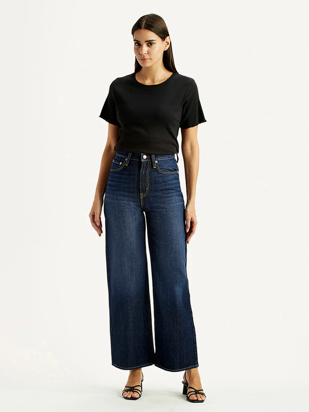 Women's Tinted Navy Blue Ribcage Wide Leg Fit High Rise Jeans
