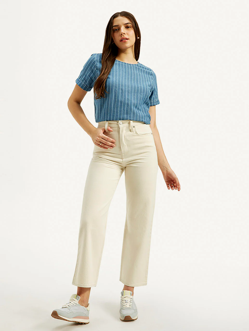 Women's Cream Ribcage Straight Fit High Rise Jeans - Image 2