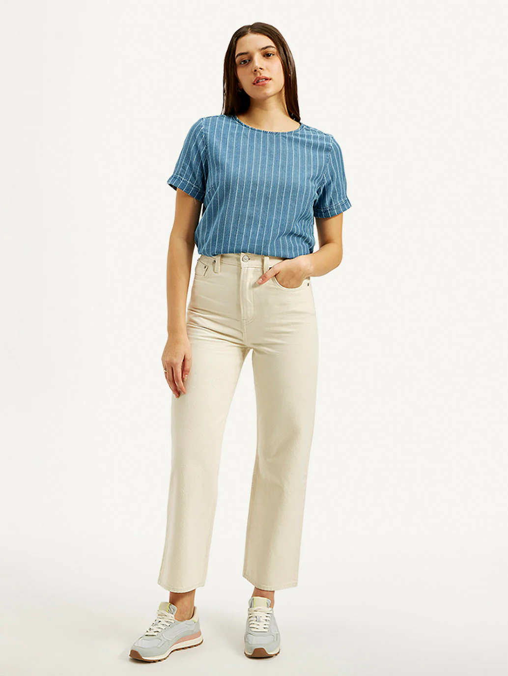 Women's Cream Ribcage Straight Fit High Rise Jeans - Image 3