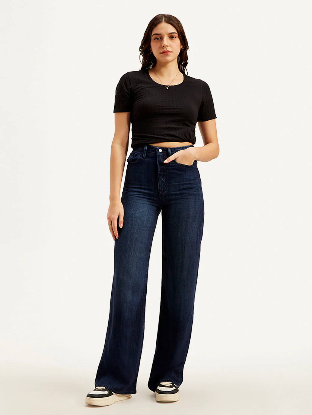 Women's Redloop Dark Blue Ribcage Bell Bottom Wide Leg Fit High Rise Jeans