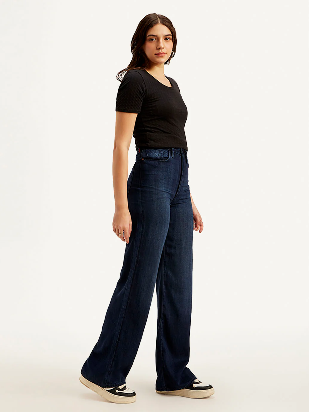 Women's Redloop Dark Blue Ribcage Bell Bottom Wide Leg Fit High Rise Jeans - Image 5