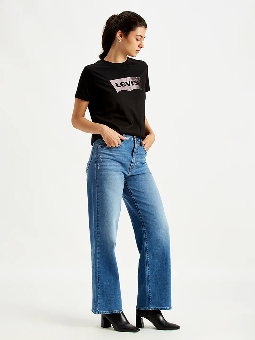 Women's Blue Wide Leg Fit High Rise Jeans - Image 3