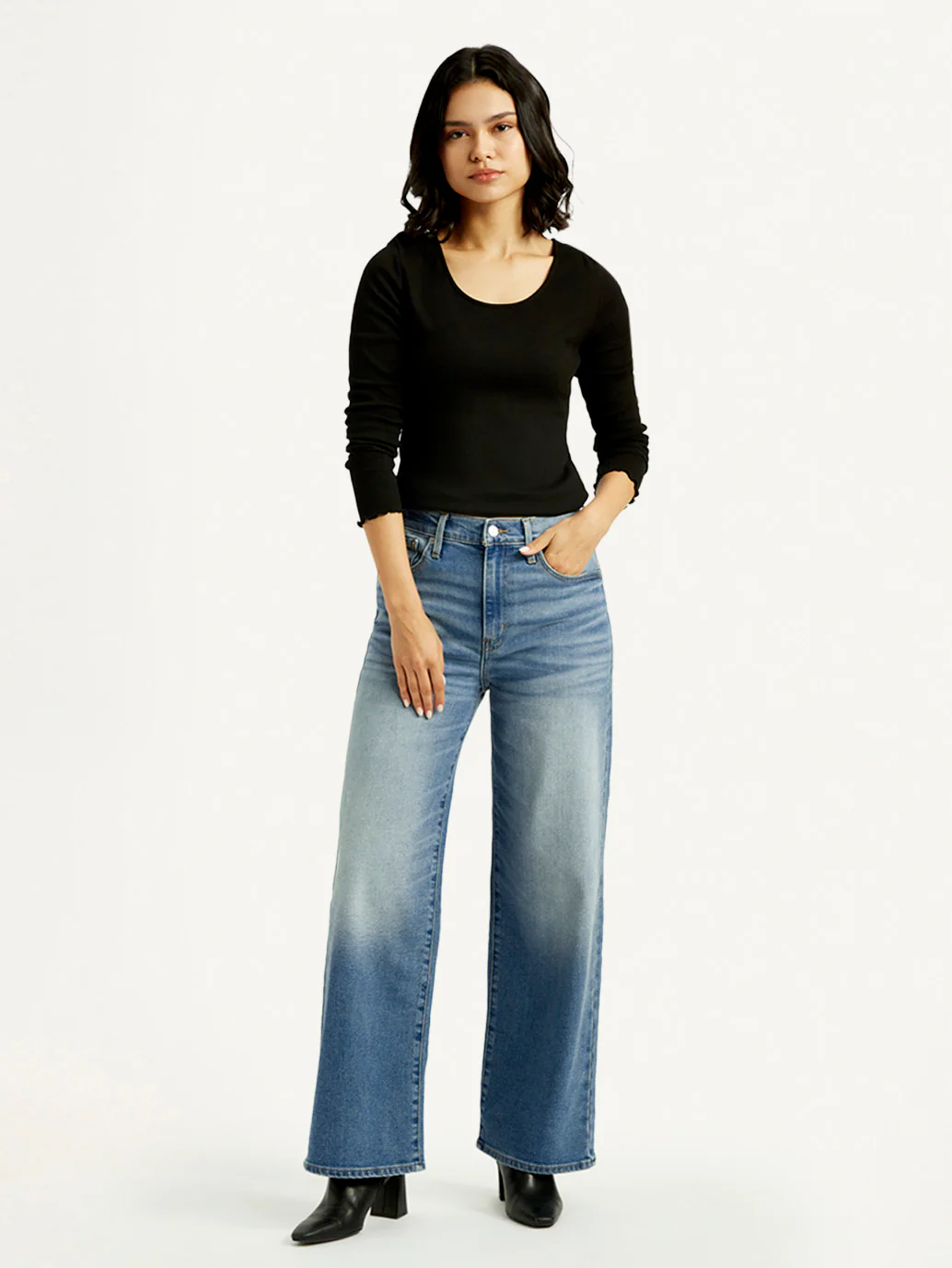 Women's Blue Wide Leg Fit High Rise Jeans - Image 2