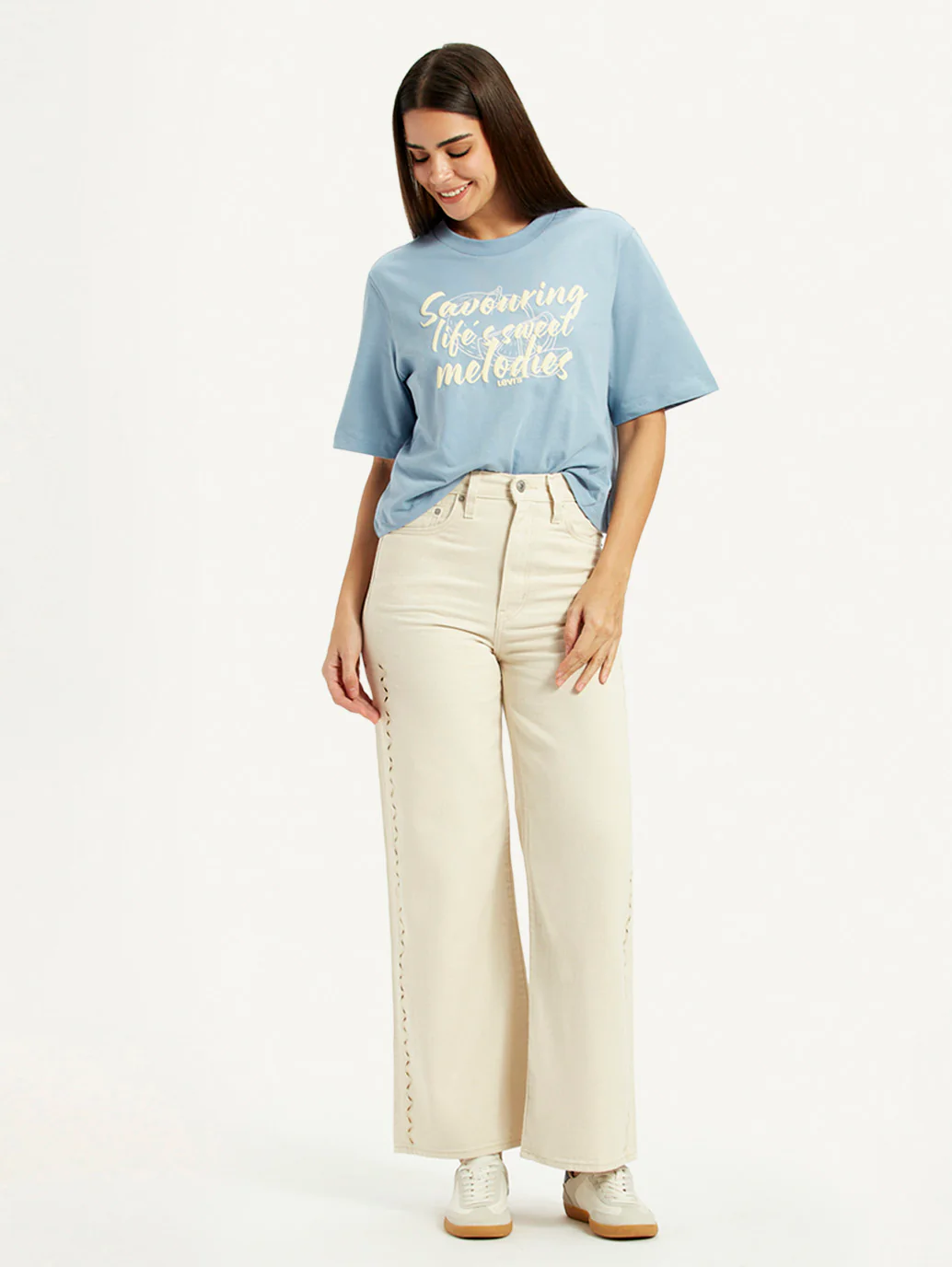 Women's Cream Ribcage Wide Leg Fit High Rise Jeans