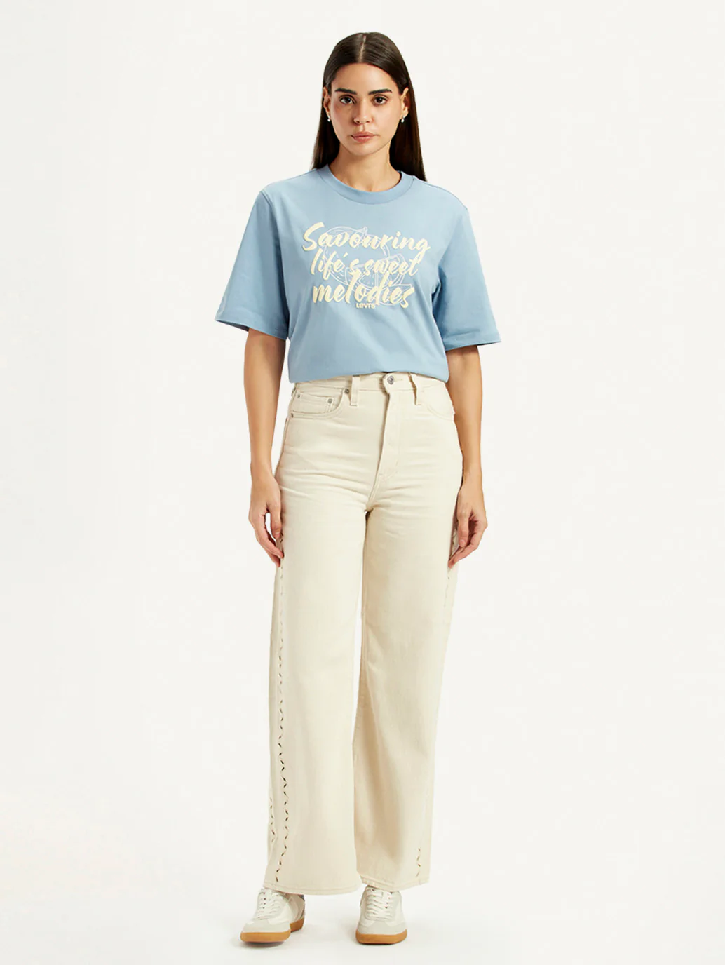 Women's Cream Ribcage Wide Leg Fit High Rise Jeans - Image 2