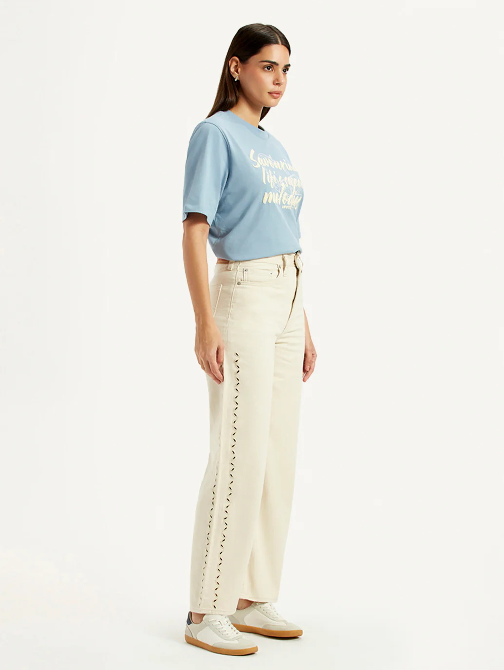 Women's Cream Ribcage Wide Leg Fit High Rise Jeans - Image 7