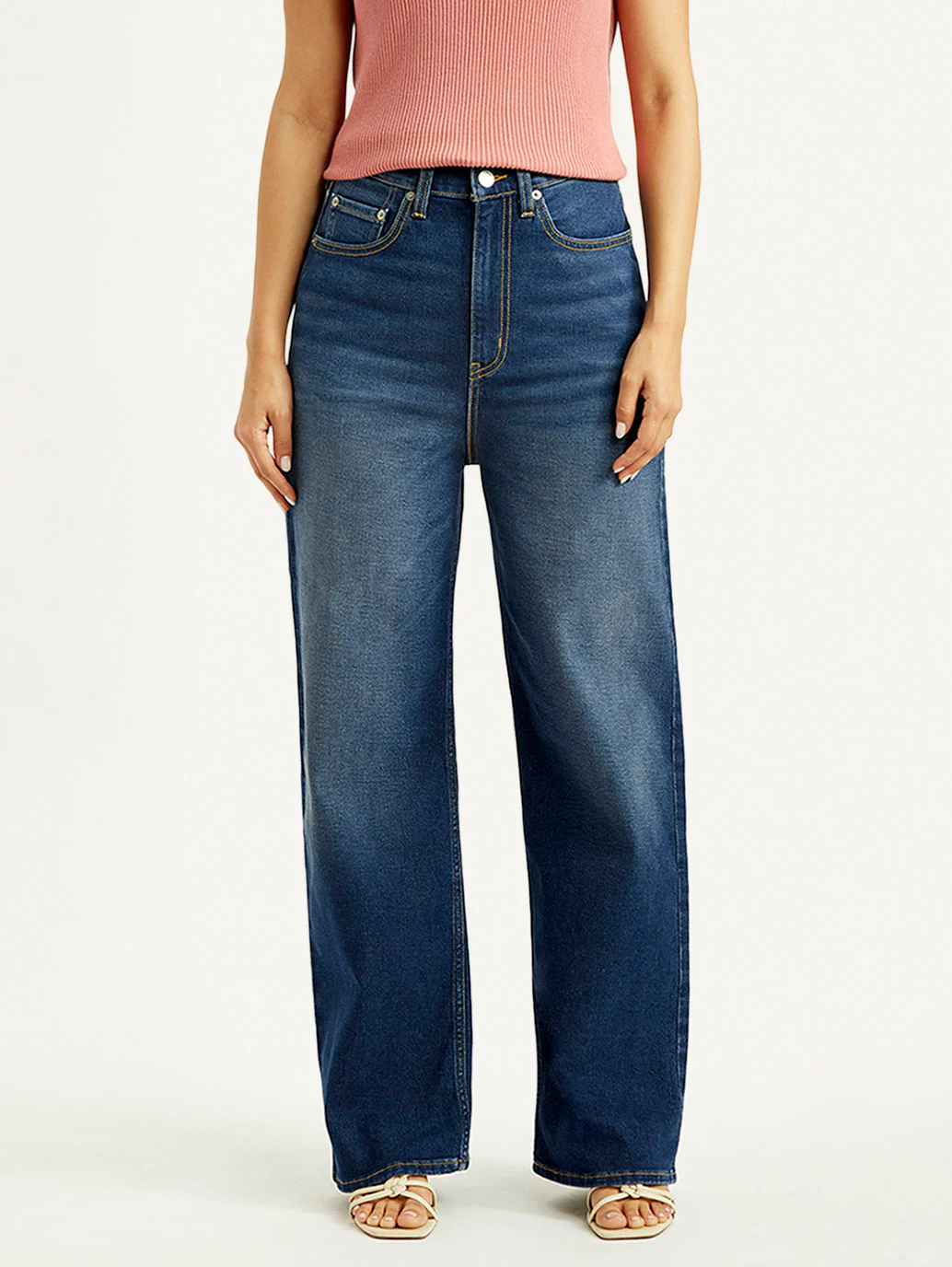 Women's Dark Blue Wide Leg Fit High Rise Jeans - Image 3