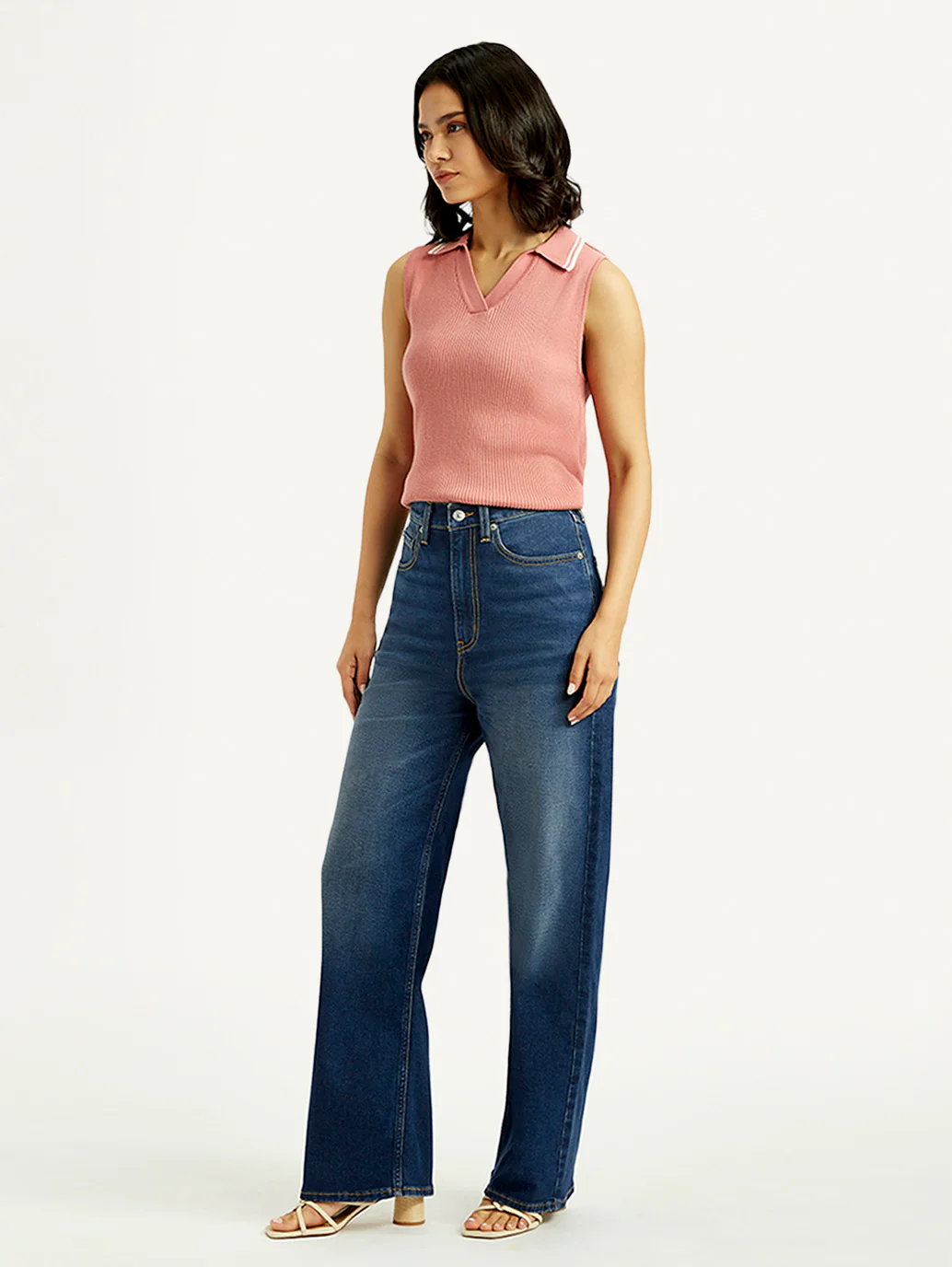 Women's Dark Blue Wide Leg Fit High Rise Jeans - Image 6