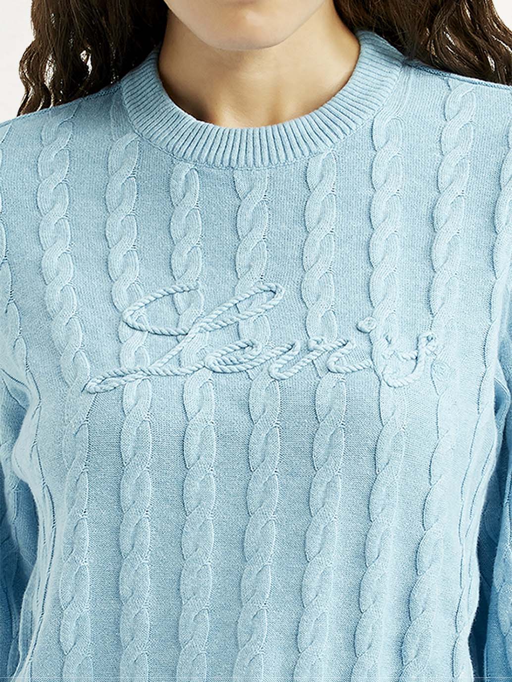Women's Jacquard Blue Crew Neck Sweater - Image 3
