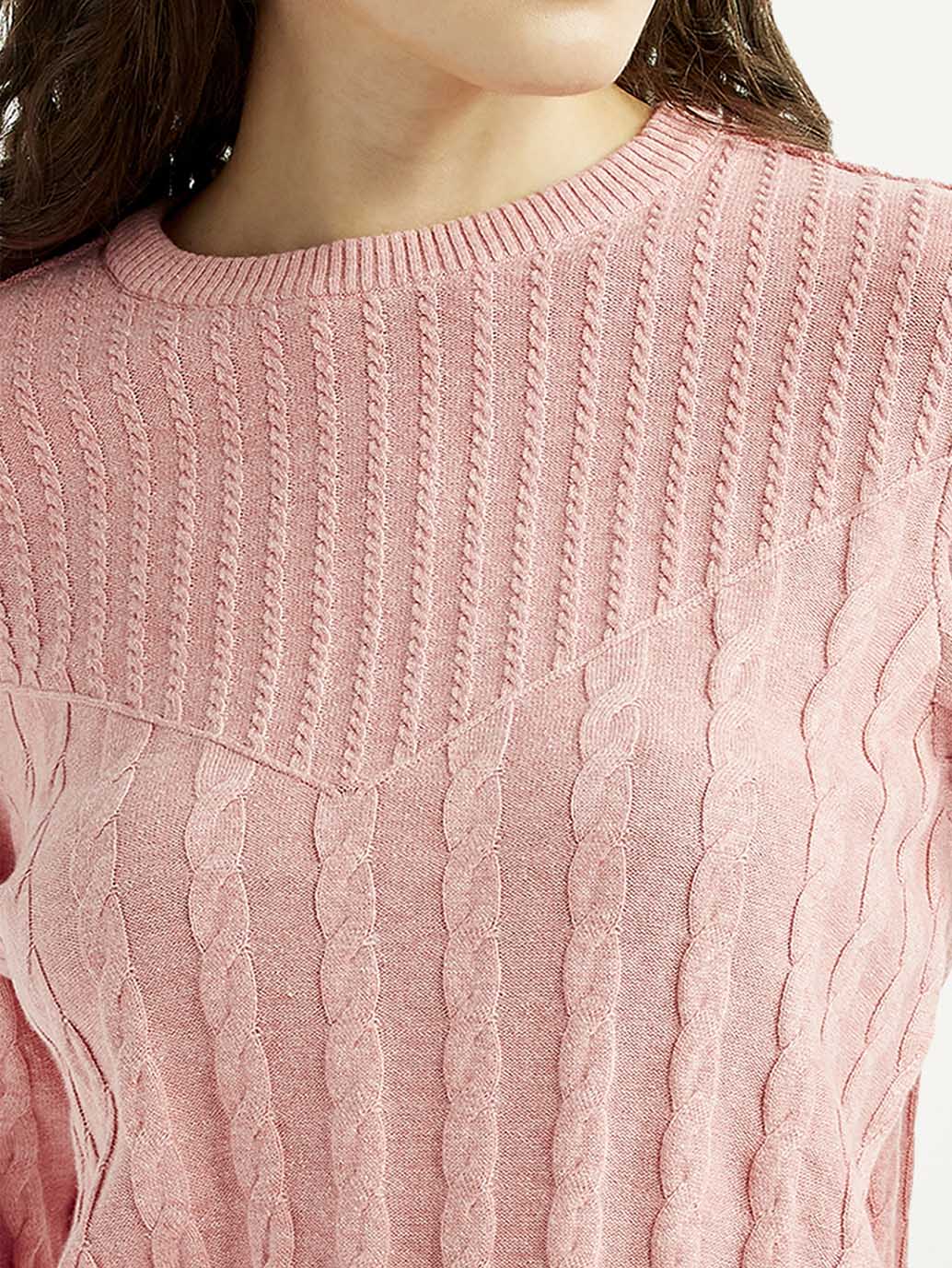Women's Jacquard Pink Crew Neck Sweater - Image 3