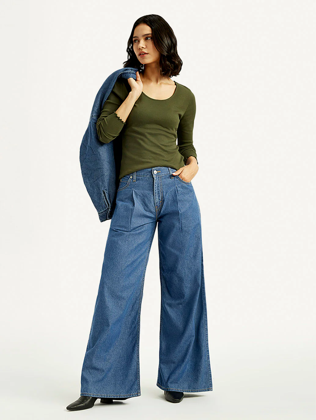 Women's Mid Indigo Baggy Fit High Rise Jeans