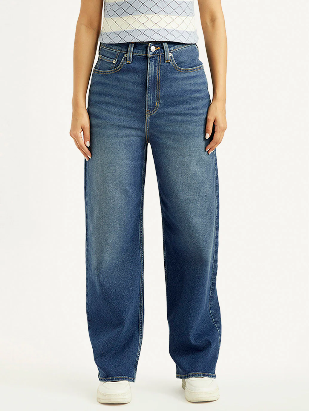 Women's Med Indigo Loose Fit High Rise Jeans - Image 2