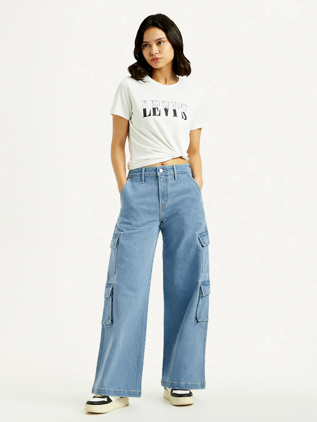 Women's Med Indigo Baggy Fit Mid Rise Cargo Jeans